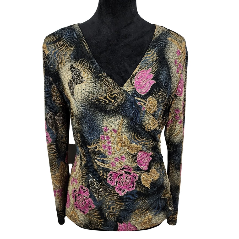 MSK Petite Size Small Faux Wrap Funky Floral V-Neck Textured Work Casual Blouse